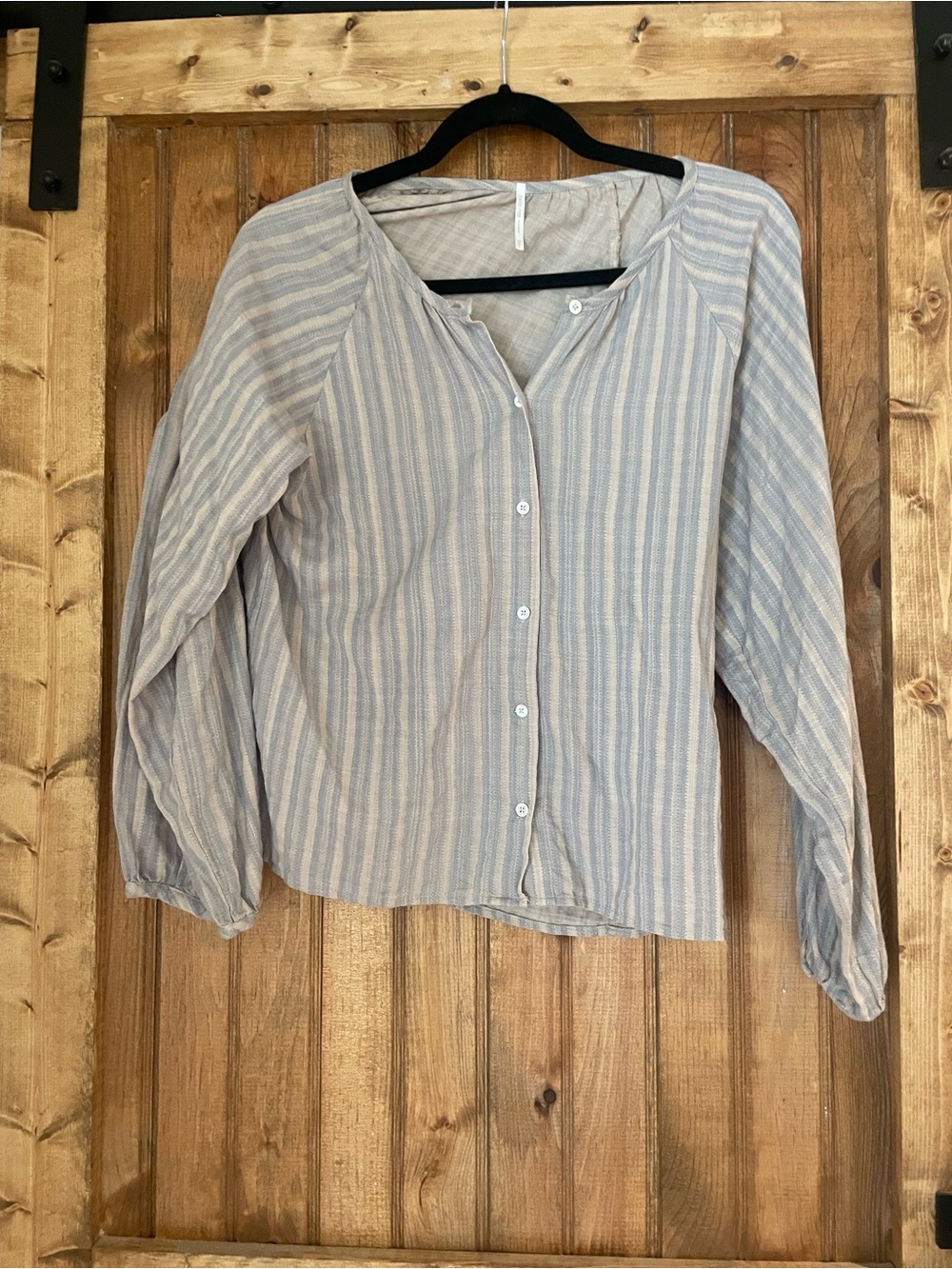 Casual Striped Button-Front Blouse in Light Blue & Cream